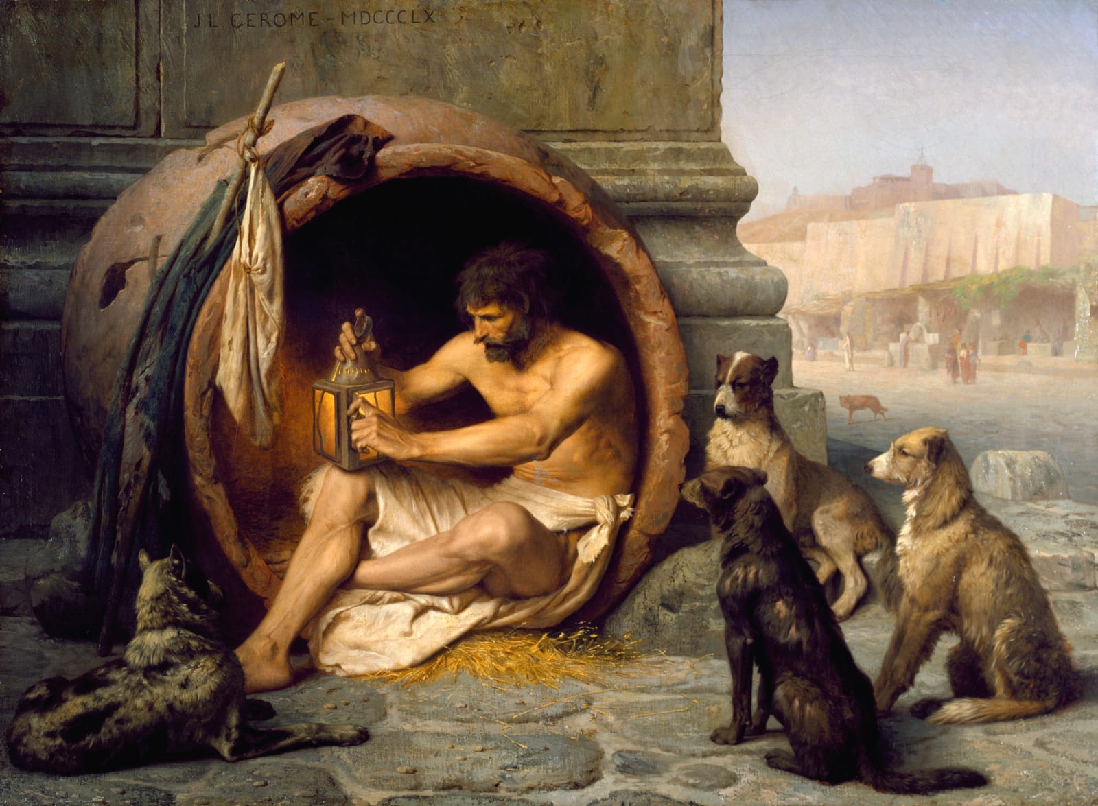 A painting: a bearded man sits in the mouth of a huge clay jar, trimming a lamp in daylight, with four dogs around him.